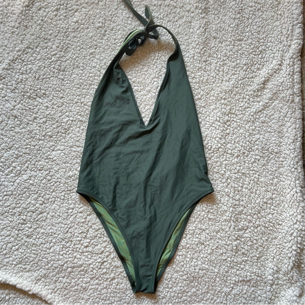 Aerie Green Plunge V-Neck Low Back One Piece Swimsuit